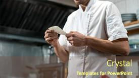  Presentation with cooking chef - Colorful presentation design enhanced with young-chef-in-white-uniform backdrop and a tawny brown colored foreground