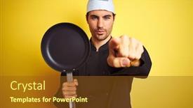  Presentation with cook chef - Colorful presentation design enhanced with young-chef-man-wearing-uniform backdrop and a tawny brown colored foreground