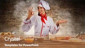  Presentation with food preparation - PPT theme consisting of young chef woman cooker ready for food preparation raw ingredients served on wooden table blur brick wall on background background and a coral colored foreground