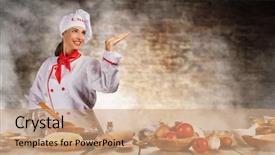  Presentation with food preparation - Beautiful presentation theme featuring young chef woman cooker ready backdrop and a coral colored foreground