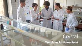  Presentation with chemical experiment - Presentation design featuring young-chemical-students-discuss background and a gray colored foreground