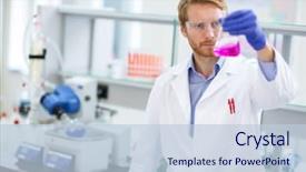  Presentation with reagent - Amazing PPT theme having young chemical technician checking liquid backdrop and a lemonade colored foreground