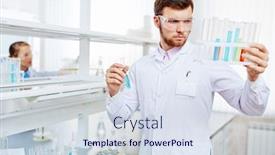  Presentation with flasks - Beautiful theme featuring young chemist looking at flasks with liquid chemical substances backdrop and a sky blue colored foreground