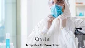  Presentation with chemicals - Beautiful PPT theme featuring young chemist student working in lab on chemicals backdrop and a sky blue colored foreground