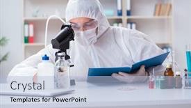  Presentation with chemicals - Presentation theme enhanced with young chemist student working in lab on chemicals background and a light blue colored foreground