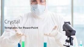  Presentation with chemicals - Presentation design consisting of young-chemist-student-working background and a sky blue colored foreground