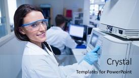  Presentation with alignment machine - Theme enhanced with smiling young chemist using background and a light blue colored foreground
