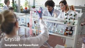  Presentation with chemistry - Cool new presentation with young-chemistry-students-observing backdrop and a gray colored foreground