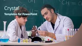  Presentation with chemistry - PPT theme with young-chemistry-teacher-and-schoolboy background and a ocean colored foreground