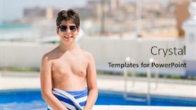  Presentation with happy holiday - Amazing PPT theme having young child on holiday at the swimming pool by the beach with a happy face standing and smiling with a confident smile showing teeth backdrop and a lemonade colored foreground