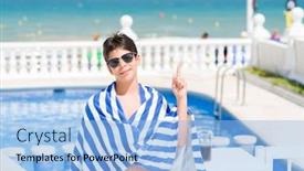  Presentation with happy holiday - Beautiful slide set featuring young child on holiday at the swimming pool by the beach surprised with an idea or question pointing finger with happy face number one backdrop and a light blue colored foreground