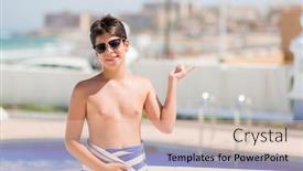  Presentation with pool side - Colorful slide deck enhanced with young child on holiday at the swimming pool by the beach very happy pointing with hand and finger to the side backdrop and a lemonade colored foreground