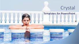  Presentation with holidays - Audience pleasing slide deck consisting of young child on holidays at the swimming pool by the beach scared in shock with a surprise face afraid and excited with fear expression backdrop and a sky blue colored foreground