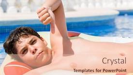  Presentation with angry child - Theme consisting of young child on pad on holidays at the swimming pool by the beach with angry face negative sign showing dislike with thumbs down rejection concept background and a lemonade colored foreground