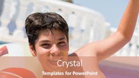  Presentation with happy holidays - Colorful theme enhanced with young child on pad on holidays at the swimming pool by the beach very happy and excited winner expression celebrating victory screaming with big smile and raised hands backdrop and a coral colored foreground