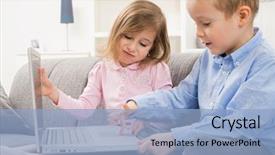  Presentation with young children - Cool new presentation with young children sitting on couch at home with laptop computer boy using touch pad angry girl trying to close teh screen backdrop and a light blue colored foreground