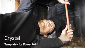  Presentation with work - PPT theme having young-chimney-sweep-at-work background and a dark gray colored foreground