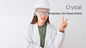  Presentation with woman engineer - Cool new slides with helmet glasses over isolated white backdrop and a white colored foreground