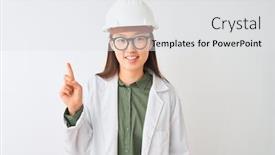  Presentation with woman engineer - Colorful presentation enhanced with young chinese engineer woman wearing coat helmet glasses over isolated white background showing and pointing up with finger number one while smiling confident and happy backdrop and a white colored foreground