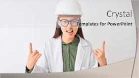  Presentation with woman engineer - Slide deck with young chinese engineer woman wearing coat helmet glasses over isolated white background shouting with crazy expression doing rock symbol with hands up music star heavy concept background and a light gray colored foreground