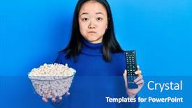  Presentation with popcorn - PPT theme featuring young-chinese-girl-eating-popcorn background and a teal colored foreground