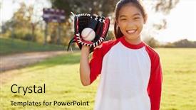  Presentation with baseball - Beautiful theme featuring young chinese girl holding baseball backdrop and a yellow colored foreground