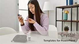  Presentation with measuring - Slides enhanced with young-chinese-girl-measuring-glucose background and a light gray colored foreground