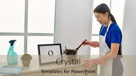  Presentation with dust - Presentation theme featuring young-chinese-housewife-cleaning-dust background and a coral colored foreground