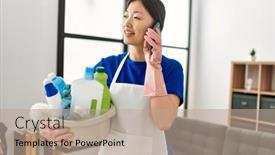  Presentation with chinese - Slide set featuring young-chinese-housewife-holding-cleaning background and a coral colored foreground