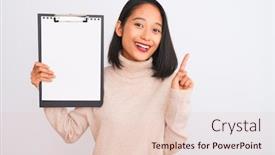  Presentation with inspector - Presentation consisting of young chinese inspector woman holding clipboard standing over isolated white background surprised with an idea or question pointing finger with happy face number one background and a lemonade colored foreground