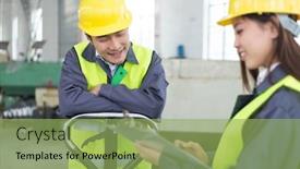  Presentation with manufacturing - PPT theme having young chinese man and woman work in motor manufacturing factory background and a yellow colored foreground