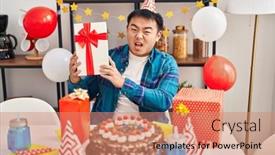  Presentation with birthday cake - Slides enhanced with young-chinese-man-celebrating-birthday background and a  colored foreground