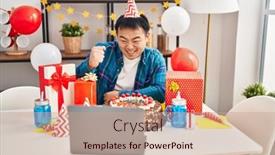  Presentation with birthday cake - Slide set with young-chinese-man-celebrating-birthday background and a coral colored foreground