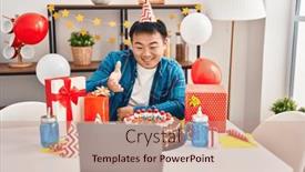  Presentation with happy birthday cake - Slide deck having young-chinese-man-celebrating-birthday background and a  colored foreground