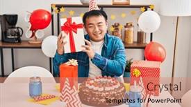  Presentation with birthday - PPT theme enhanced with young-chinese-man-celebrating-birthday background and a coral colored foreground