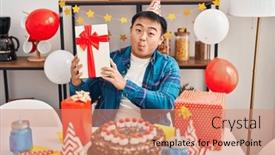  Presentation with birthday cake - Slide deck enhanced with young-chinese-man-celebrating-birthday background and a coral colored foreground
