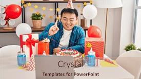  Presentation with happy birthday cake - Slides with young-chinese-man-celebrating-birthday background and a coral colored foreground