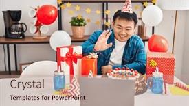  Presentation with happy birthday cake - Presentation design with young-chinese-man-celebrating-birthday background and a coral colored foreground