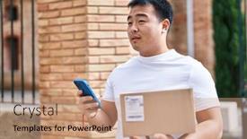  Presentation with courier - PPT theme with young-chinese-man-courier-using background and a coral colored foreground