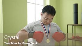  Presentation with medal - PPT theme featuring young-chinese-man-doing-strong background and a  colored foreground