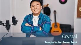  Presentation with music studio - PPT theme having young-chinese-man-musician-sitting background and a ocean colored foreground
