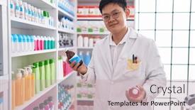  Presentation with medication - Presentation theme consisting of young-chinese-man-pharmacist-smiling background and a soft green colored foreground