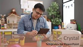  Presentation with preschool - Presentation theme consisting of young-chinese-man-preschool-teacher background and a coral colored foreground