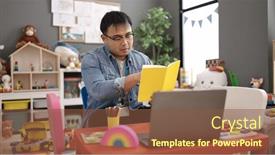  Presentation with story book - Slides with young-chinese-man-preschool-teacher background and a tawny brown colored foreground