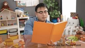  Presentation with story book - Slide set having young-chinese-man-preschool-teacher background and a coral colored foreground