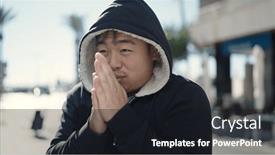  Presentation with man head in hands - Slide set with young-chinese-man-rubbing-hands background and a wine colored foreground