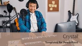  Presentation with music singing - Presentation theme enhanced with young-chinese-man-singer-singing background and a coral colored foreground