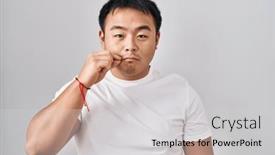  Presentation with lips mouth - Presentation with young-chinese-man-standing-over background and a light gray colored foreground