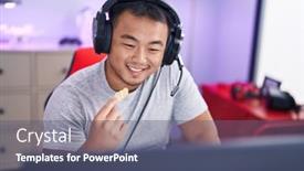  Presentation with streamer - Slide deck having young-chinese-man-streamer-playing background and a ocean colored foreground