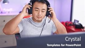  Presentation with computer-room - Presentation with young-chinese-man-streamer-playing and a ocean colored foreground